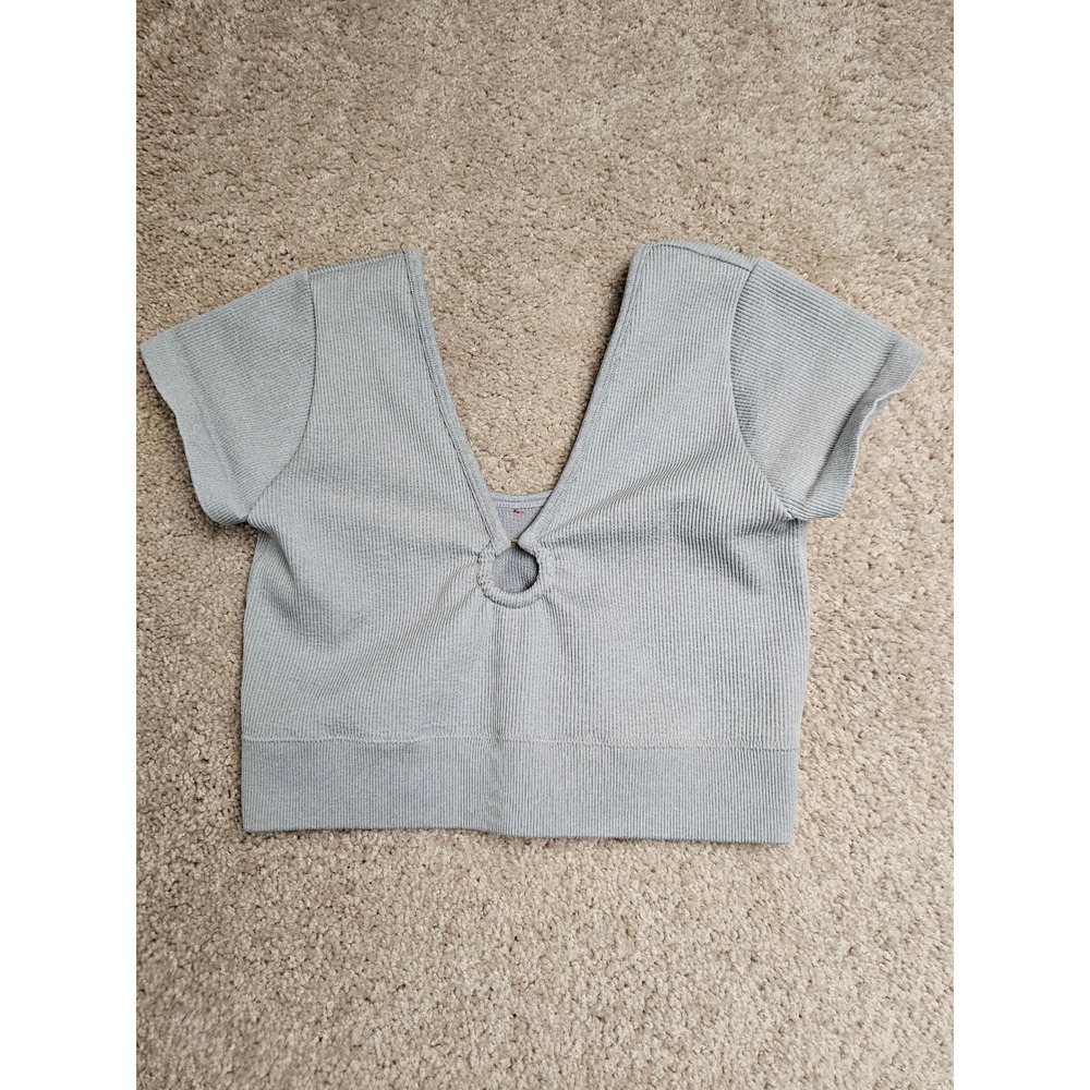 Aerie Ribbed V-Neck O-Ring Cutout Crop Top Light Gray XL